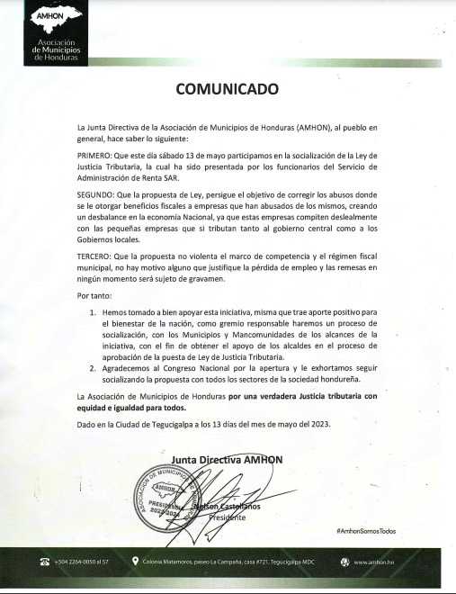 AMHON manifestó a través de un comunicado el total apoyo a la Ley de Justicia Tributaria